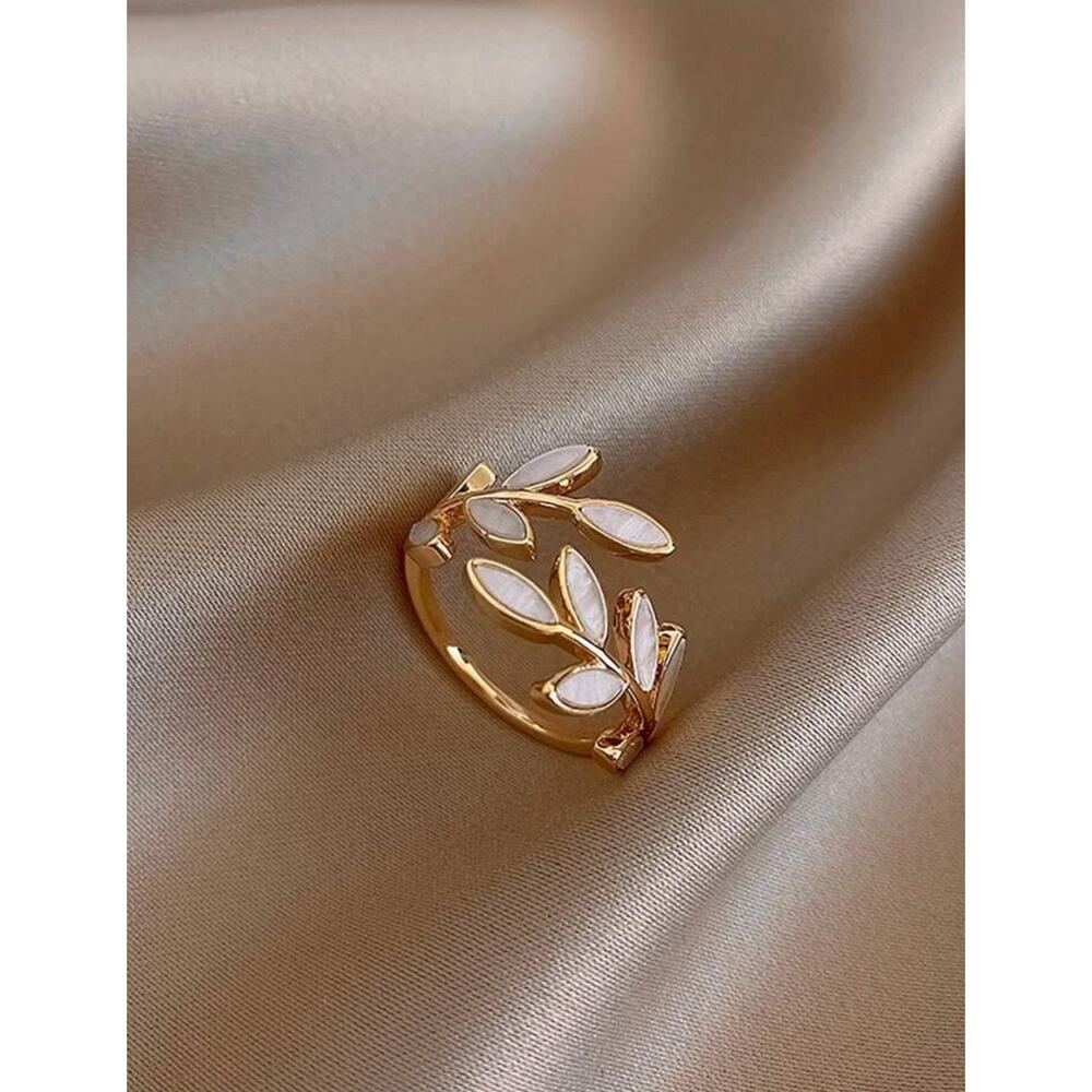 White & Gold Leaf Decor Cuff Ring w/ Blue & Pink Options, Casual Jewelry Gift